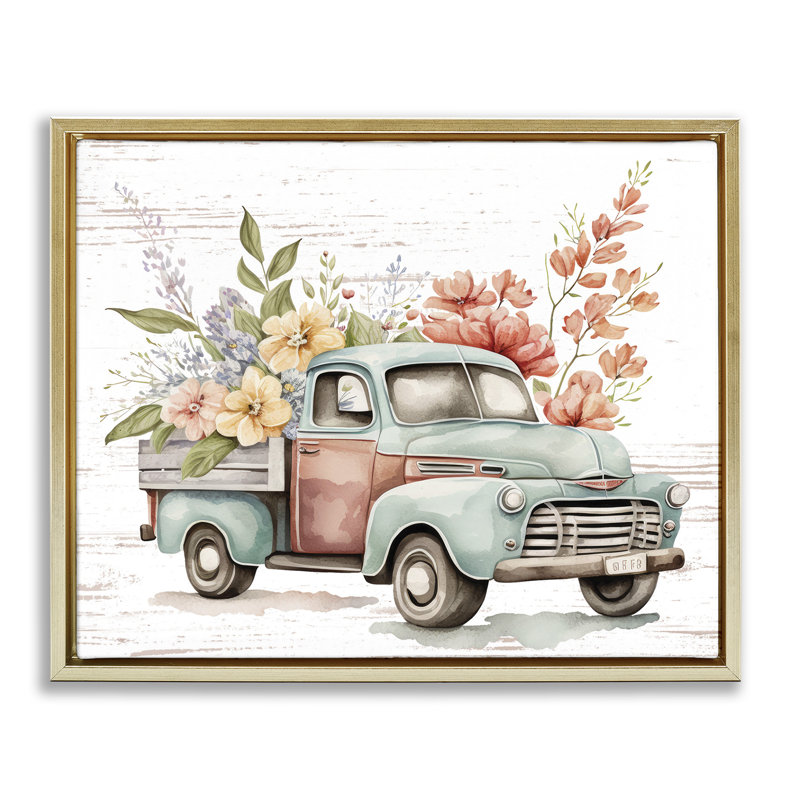 «Flower Blossom Truck» encadrée par Floater, Cadre flottant métallique doré, H 25 po x l 31 po