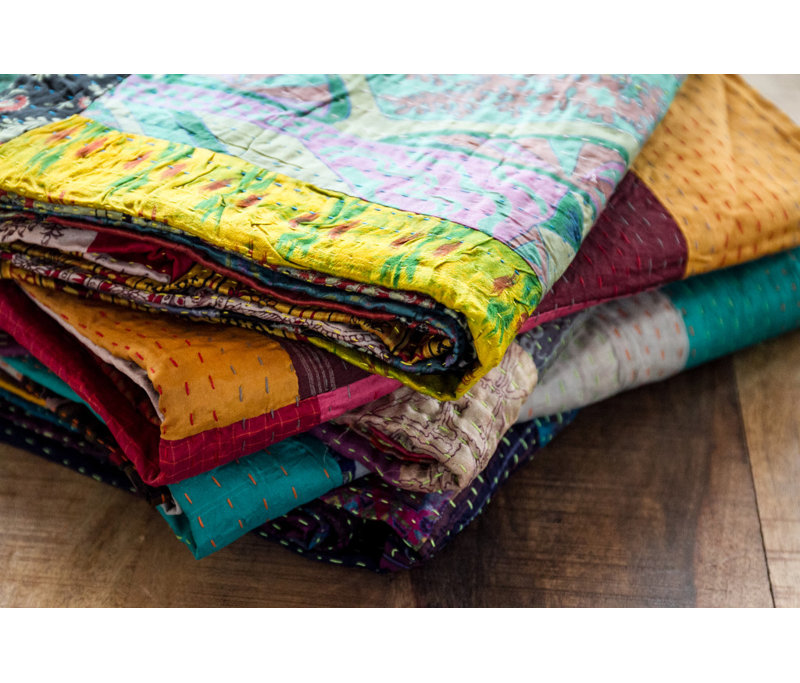 60" X 90" Blue and Yellow Kantha Cotton Patchwork Throw Blanket with Embroidery