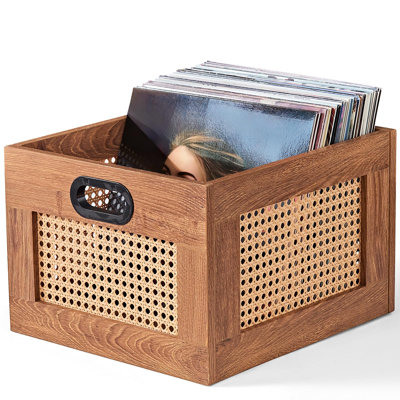 Boîte de rangement pour disques vinyles en rotin, design cubique, pouvant contenir plus de 75 albums et un organisateur de magazines