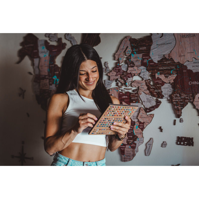 Carte du monde 3D en bois cappuccino