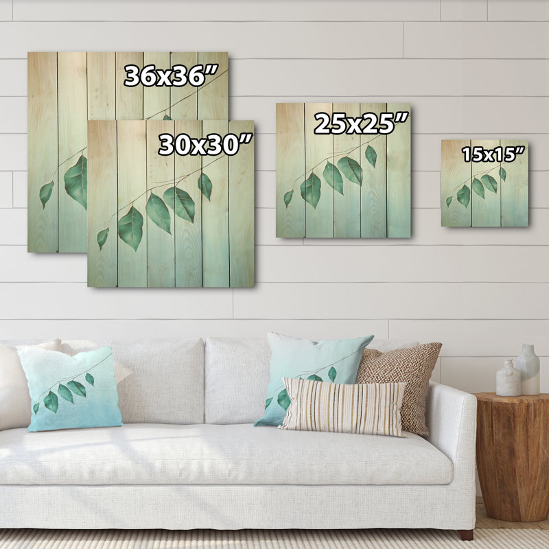 «Teal Tranquility Leaf Impression I - Leaves Wood», art mural sur bois de pin naturel, H 25 po x l 25 po