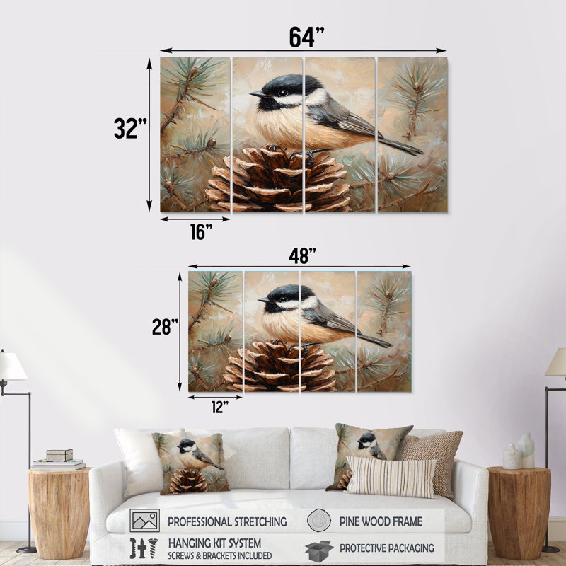 Chickadee oiseau sur une pomme de pin I - art mural oiseau - toile d'art moderne, H 32 po x l 64 po