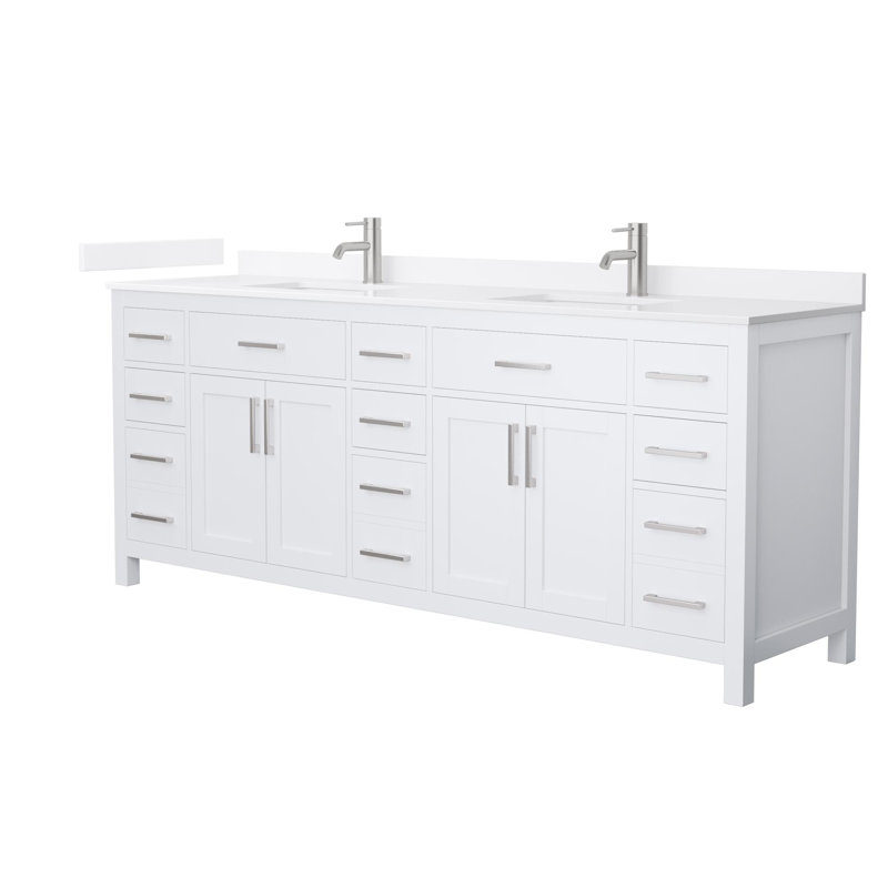 Beckett 84" Freestanding Double Bathroom Vanity with Quartz Top, White, Brushed Nickel, White Quartz