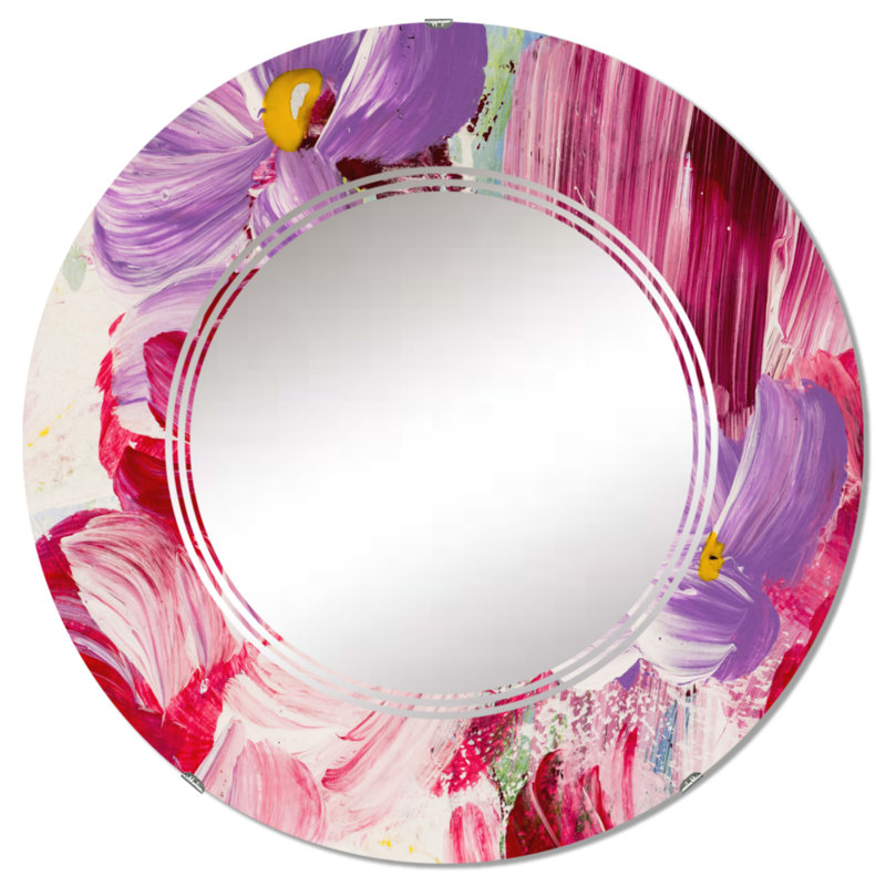 Fleurs abstraites rouges et mauves - Miroir mural moderne rond, 32 po x 32 po
