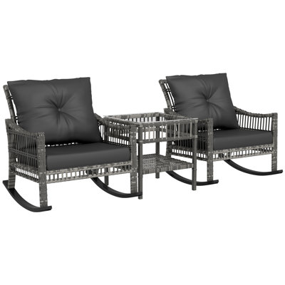 Wicker Outdoor Rocking Chair Set, 3 Piece Patio Furniture Set with Padded Cushions and Storage Coffee Table, 2-Seater PE Rattan Bistro Set for Garden by Bay Isle Home