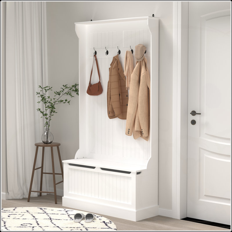 Entryway Bench with Standing Coat Rack, Shoe Storage, and 5 Hooks