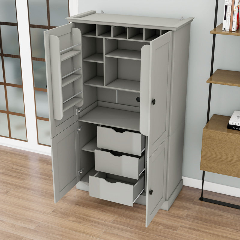 Grand garde-manger avec poste de travail, 3 tiroirs, tablettes réglables et 6 porte-bouteilles, Gray