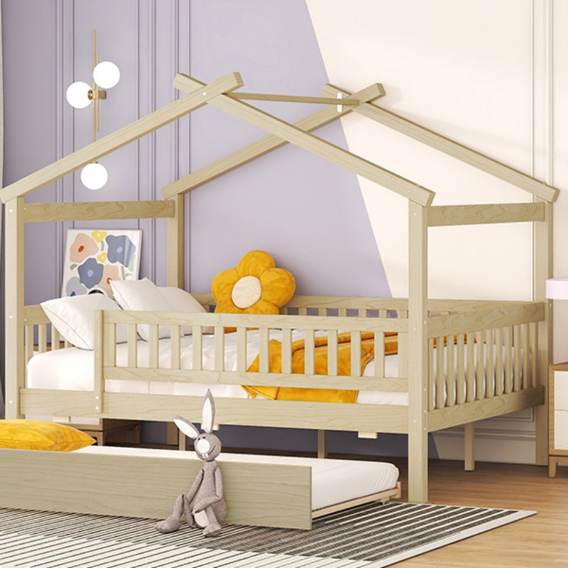 Lit double en bois avec lit gigogne simple, Naturel