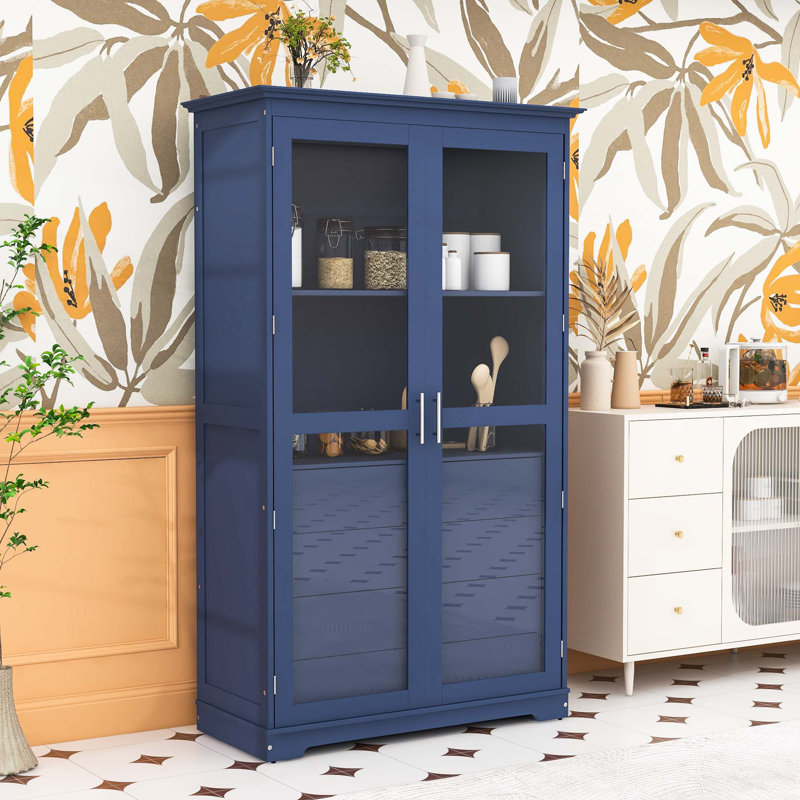 Armoire de cuisine avec portes en verre et 4 tiroirs, Bleu