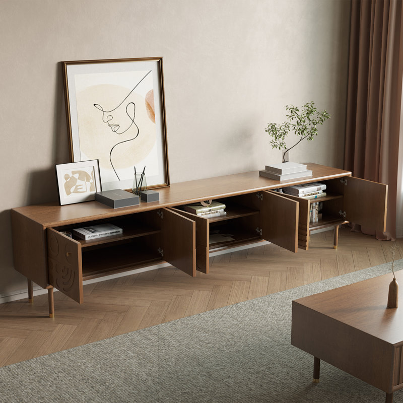 Meuble télé Mid-Century moderne, entièrement assemblé, Brun, H 22,83 po x L 94,49 po x l 16,93 po