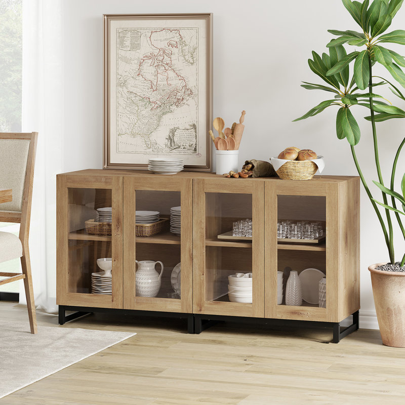 2 In 1 Multifunctional Sideboard Buffet Cabinets With 4 Glass Doors, Modern Sideboard Credenza With Adjustable Shelf And Metal Base, Coffee Bar Cabinet Storage Cabinet For Living Room, Kitchen