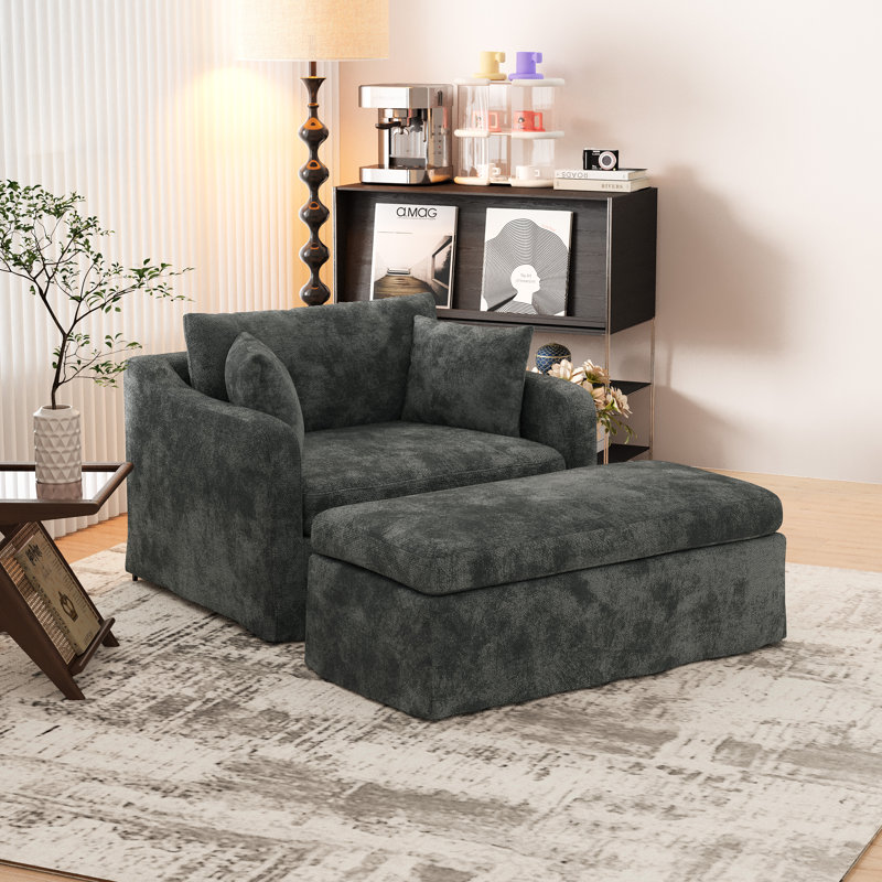 Fauteuil d'appoint rembourré avec repose-pieds en chenille, Gris anthracite