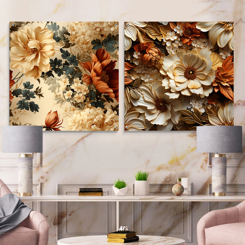 Rustic Brocade Elegance Victorian Motif II - ensemble d'art mural en acrylique sur verre floral, H 36 po x l 73 po