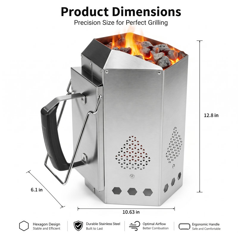 Allume-charbon hexagonal haut de gamme en acier inoxydable avec poignée résistante à la chaleur et ventilation optimale pour un allumage rapide du barbecue