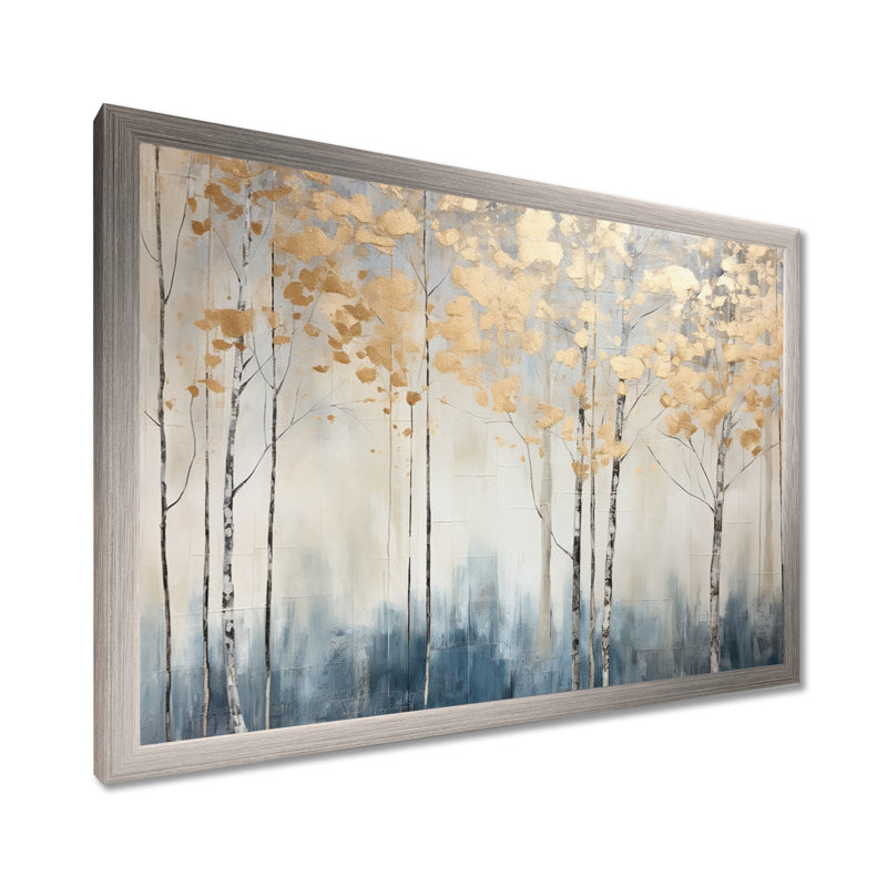 Minimalisme bleu et forêt dorée II - forêt, art mural, H 16 po x l 32 po x P 1 po, Cadre simple argenté