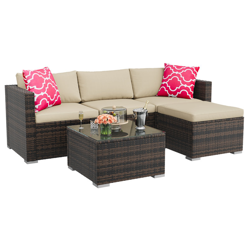 Versatile 5-Piece Outdoor Patio Furniture Set – All-Weather Brown Four-Line Rattan Sectional Sofa with Khaki Cushions, Red Pillows, Glass Coffee Table & Ottoman – For Garden, Backyard, Poolside – Brown four-line rattan + khaki cushion + red pillow