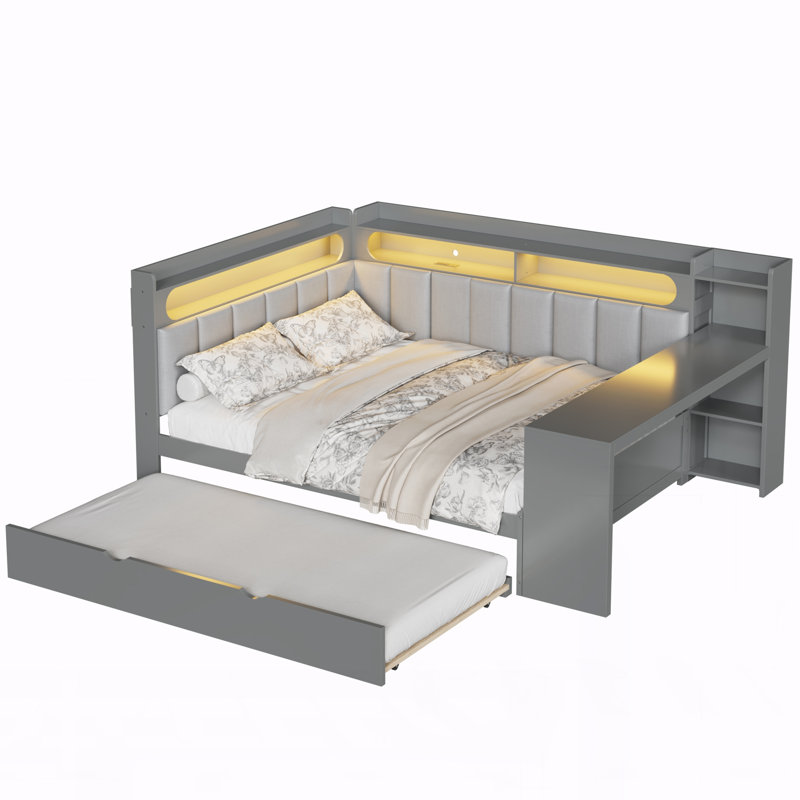 Full Size Daybed with Storage Shelves,Trundle,Charging Station,LED Light, Gray