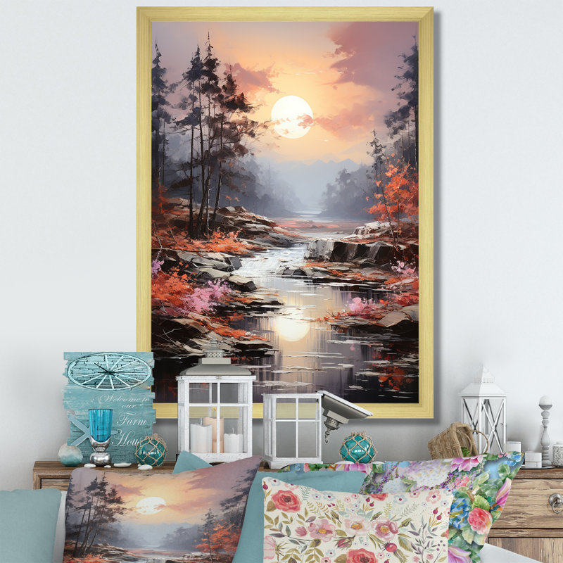 «Lucilia Romantic River Landscape Représentes II», reproduction sur toile, H 40 po x l 30 po x P 1,5 po, Encadrement doré