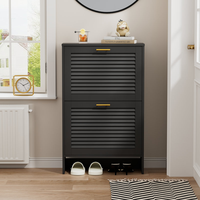 Shoe Storage Cabinet With 2 Flip Drawers, Freestanding Narrow Shoe Rack Organizer With Louvered Doors, Shoe Cabinet For Entryway