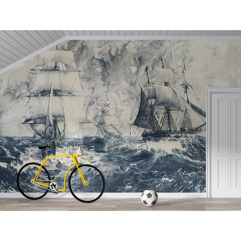 Murale de bateau rétro | Papier peint Nautical Ocean Waves, L 120 po x l 80 po, Non tissé