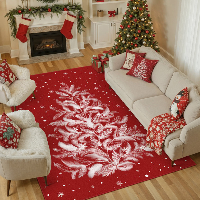 Tapis d'intérieur lavable à la machine Velora Red Feather Christmas Tree avec envers antidérapant, Rectangulaire 8 pi x 10 pi