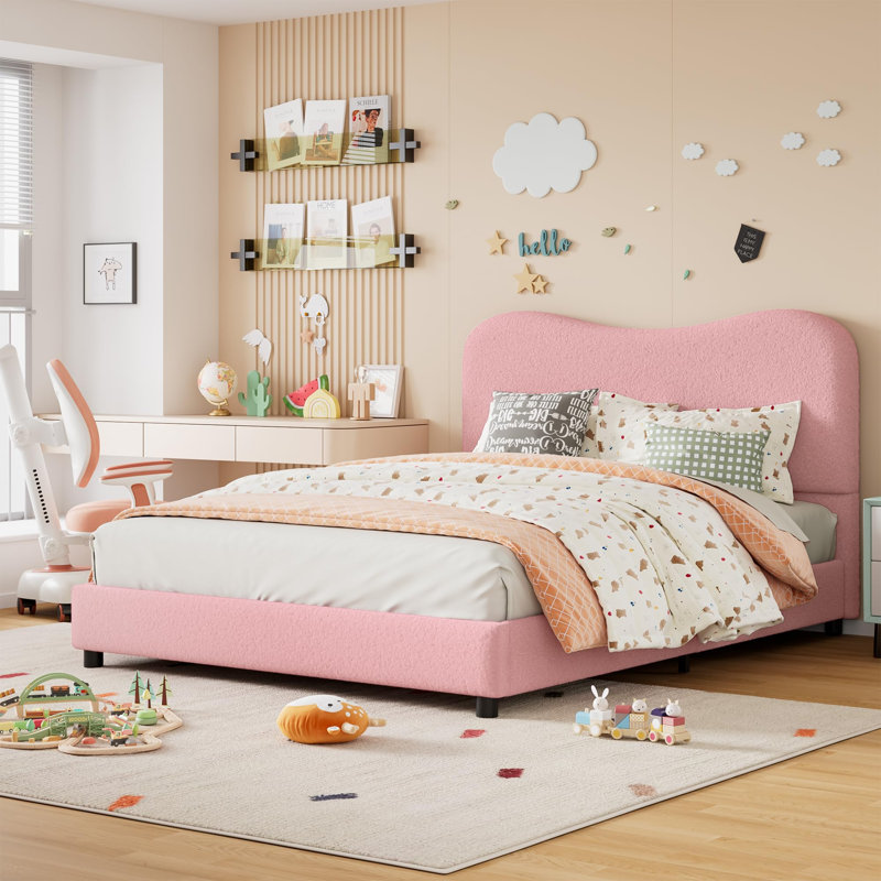 Cadre de lit simple / double / grand pour enfants avec tête de lit tapissier en velours, joli lit plateforme à profil bas pour filles et garçons