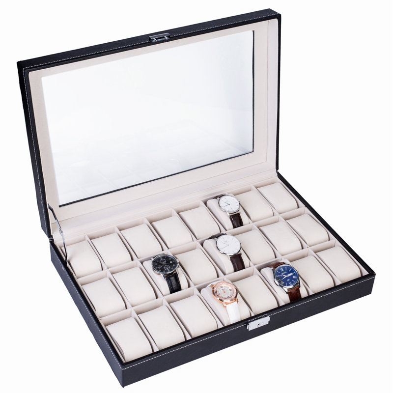 Boîte de rangement en cuir 24 compartiments à ouverture supérieure, 3,35 po x 16,92 po x 16,92 po
