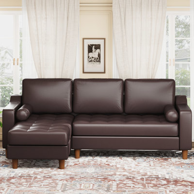 Canapé en L avec méridienne gauche, canapé 3 places, canapé modulaire modulaire, canapé modulaire d'angle convertible pour le salon, canapé à assise profonde en cuir synthétique pour appartement brun foncé