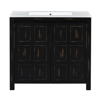 Meuble-lavabo rétro de 36 pouces, bois massif et matériau céramique, portes à fermeture douce, poignées dissimulées, rangement facile à installer, fait à la main avec du bois, élégance vieillie, rangement spacieux,