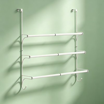 Adjustable Over the Door Triple Towel Rack with Hooks, Space-Saving Hanging Towel Bar Organizer for Bathroom, Kitchen, Laundry - No Drill, Tool-Free Installation, Easy DIY Mounting
