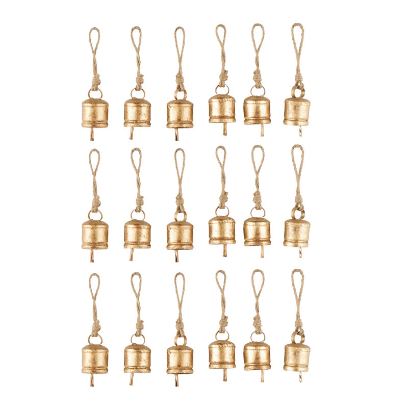 Metal Vintage Rustic Indoor Outdoor Gold Decorative Bells With Brown Jute Rope And Canvas Drawstring Tote Set