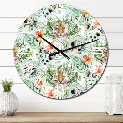Tiger Pattern with Tigers with Tropical Leaves - Patterned Wall Clock