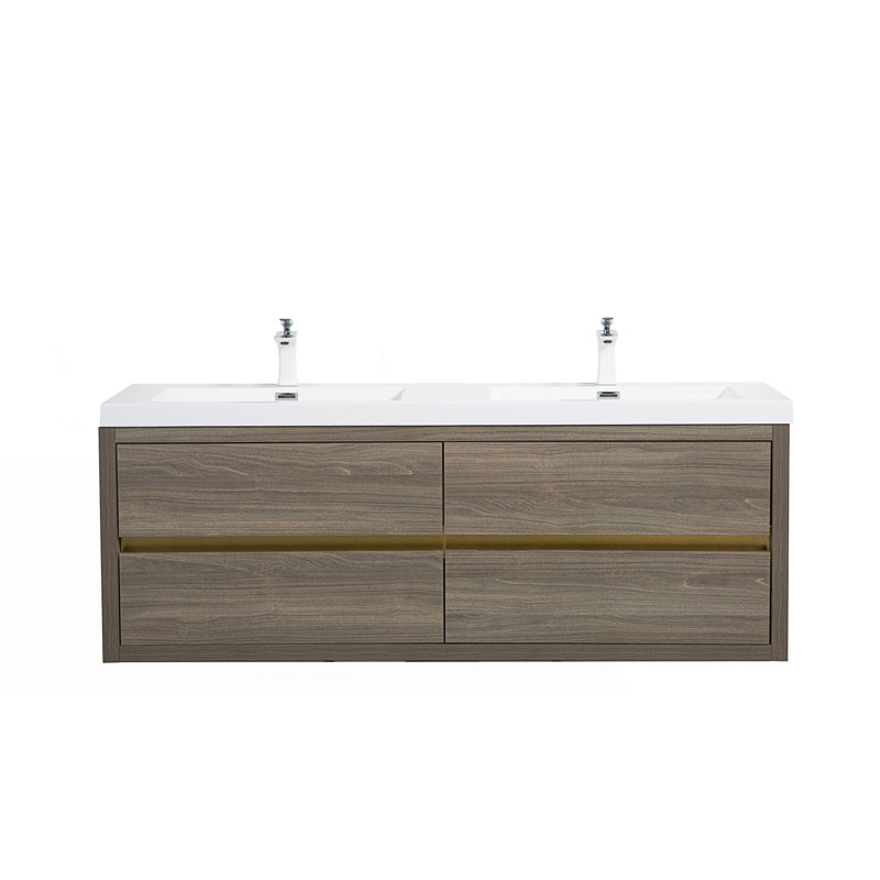 Meuble-lavabo mural avec double lavabo, Bois de frêne gris, 59"