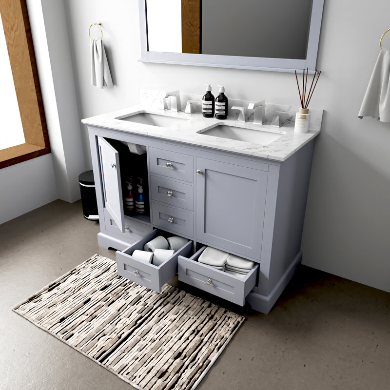 Dukes 48 in. W x 22 in. D Double Bath Vanity, Faucet Set, & 46 in. Mirror, Dark Gray, White Carrara Marble