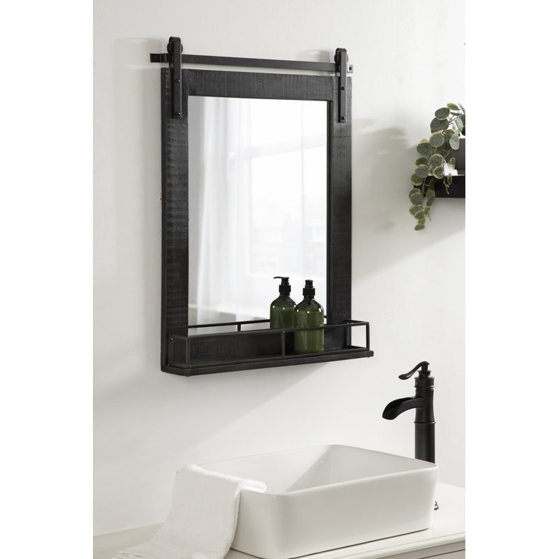 Black Wood Rectangular Barn Door Mirror with Shelf