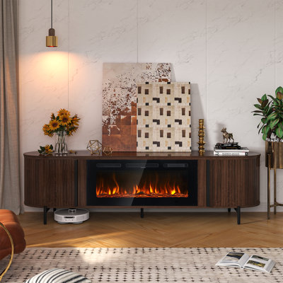 Luxury 70" Fluted Fireplace Tv Stand, Modern Entertainment Centre For For Tvs Up To 80", Tv Console With Sliding Door And Faux Marble Top, Media Console For Living Room