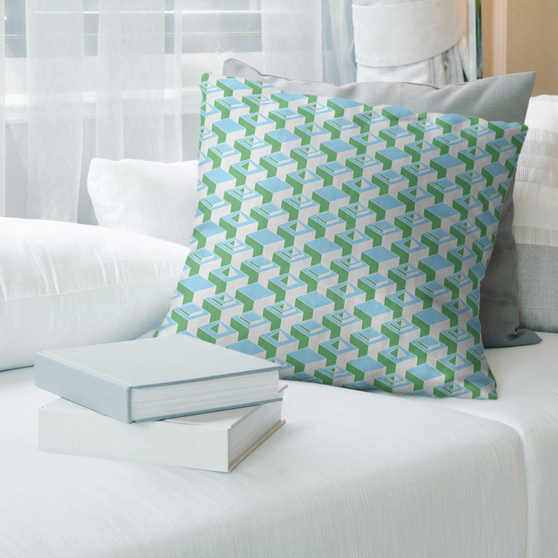 Coussin décoratif à motif de gratte-ciels, 14 po x 14 po, Bleu sarcelle clair/vert, Faux Suède