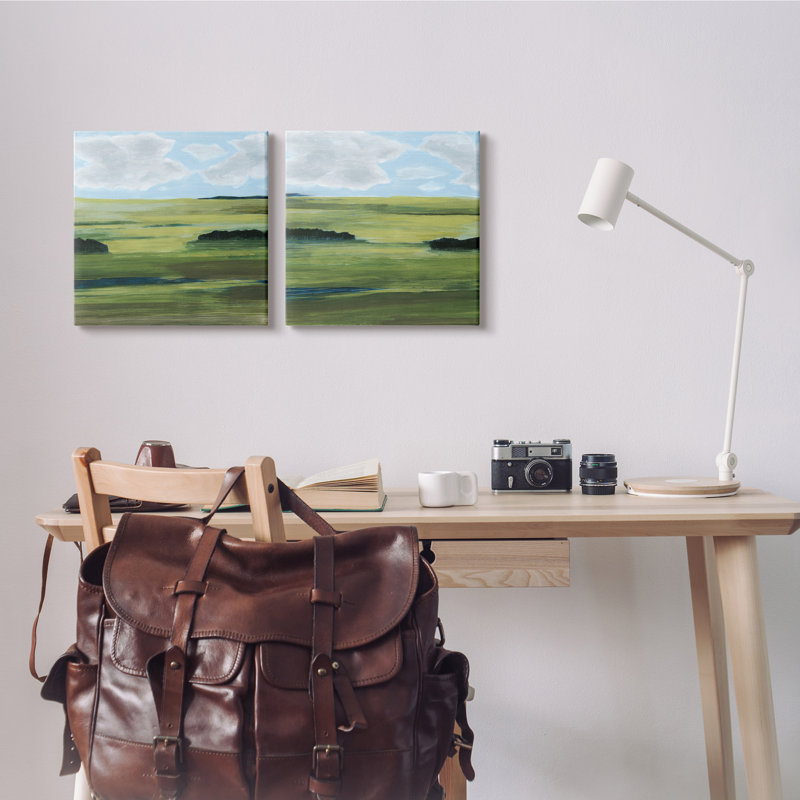 «Rustic Green Valley Trees Abstraction Blue Sky» par Grace Popp, ensemble de 2 peintures sur bois, Toile tendue