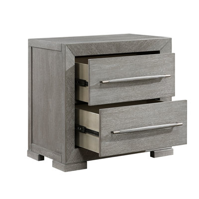 Contemporary Grey Bedside Table With 2 Smooth - Gliding Bearing Drawers And Elegant Coloured Handles, 28 Inches Deep Storage 28X17x26.5