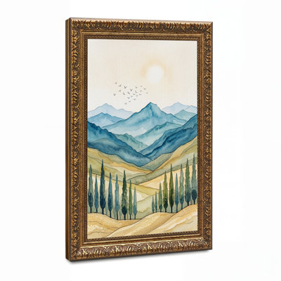 «Blue Mountains and Cypress Trees with Flying Birds», art mural sur toile