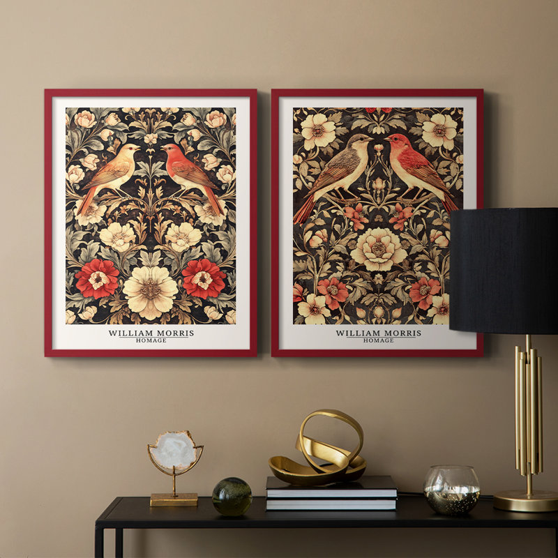 WM MORRIS Series CCCLXVII-Premium Framed Print -Ready to Hang - No Nails Required - No Nails Required, Red, 21" H x 34" W