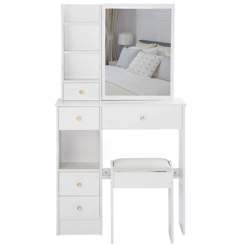 Petit meuble-lavabo compact avec miroir coulissant et tabouret de rangement, White