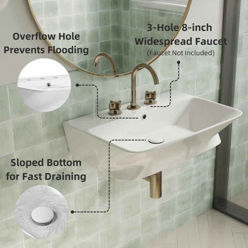 Los Flexi 24" x 17" White Ceramic Wall-Mounted Rectangular Bathroom Sink with Rear Overflow and Three Widespread Faucet Holes for Small Spaces
