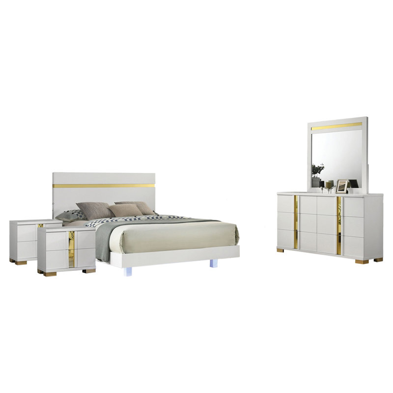 Ensemble de chambre à coucher grand avec 5 lumières à DEL Yoki, blanc et or, 2 tables de chevet Yoki, Blanc/doré