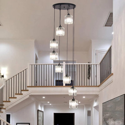 Luminaire suspendu en cristal moderne à longs plafonds hauts, longs lustres suspendus en forme de goutte d'eau, plafonnier suspendu encastré pour hall d'entrée d'escalier 8 lumières