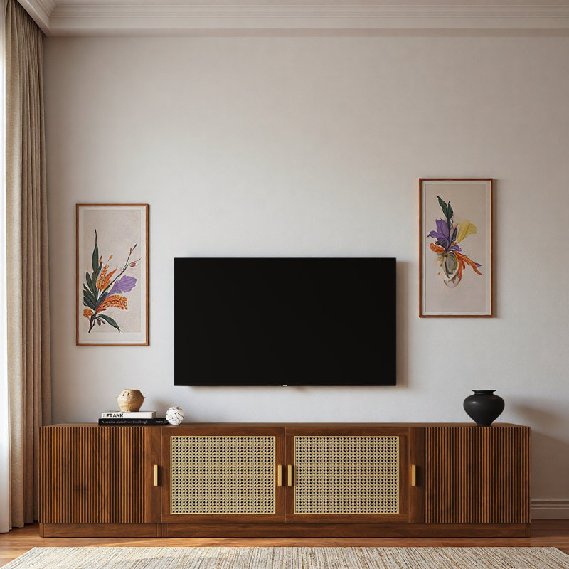 Retro Tv Stand With Rattan Doors And Adjustable Shelves