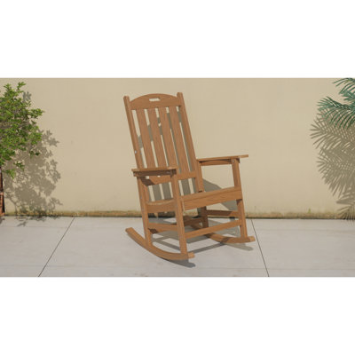Chaise berçante de couleur teck, adaptée à toutes les saisons: méridienne d'extérieur, fabriquée en matériau robuste HANPS, équipée de 304 accessoires en acier inoxydable.