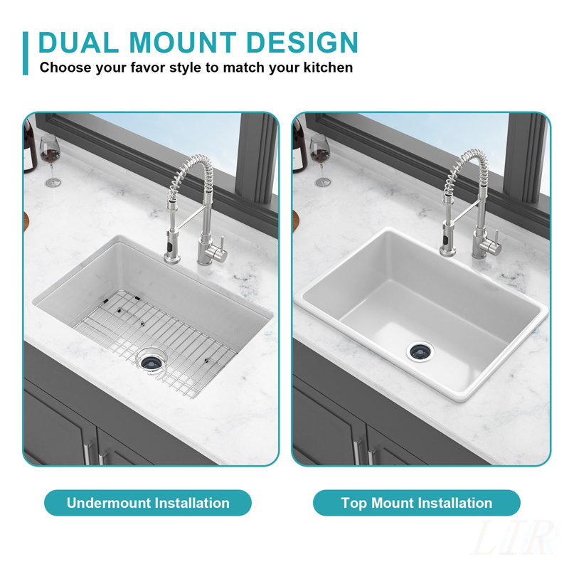 27x19x10 Inch Undermount Single Bowl Fireclay Kitchen Sink - Durable and Easy to Clean with High-Gloss Finish