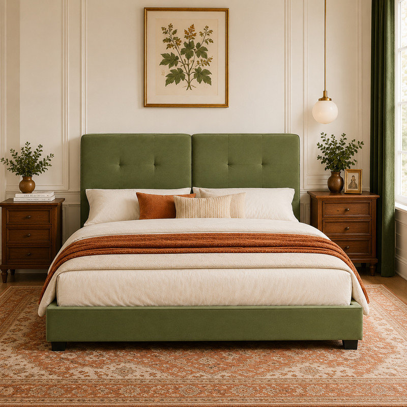 Lit plateforme tapissier avec tête de lit capitonnée et support en lattes de bois, Green