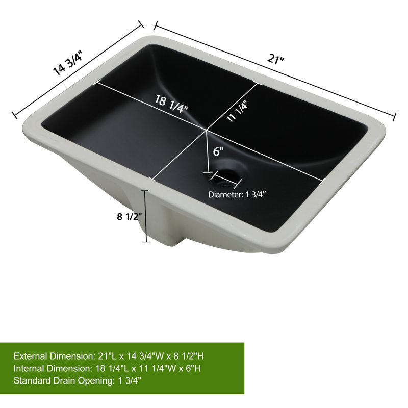 20"L*14"W*8"H Black Bathroom Sink Ceramic Undermount Sink